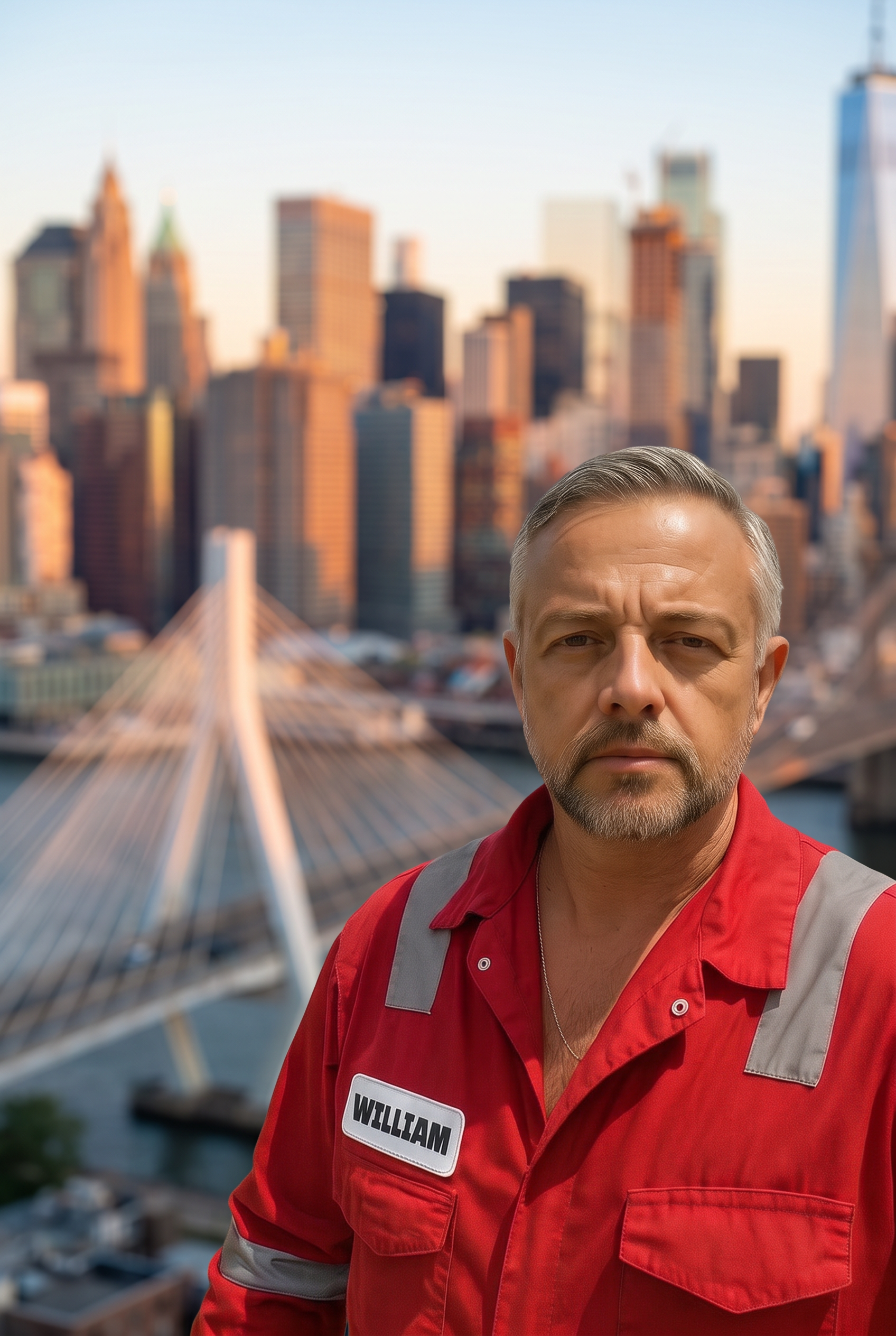 William Christopher on a NYC bridge site at dusk